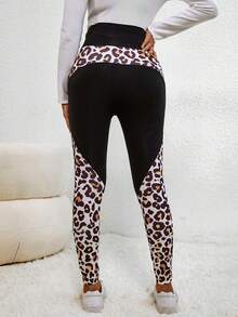 SHEIN Maternity Contrast Leopard Print Leggings With Phone Pocket - Black - View 2