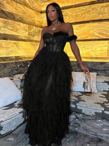 Slaydiva 女士露肩網紗連衣裙(仿羽毛)