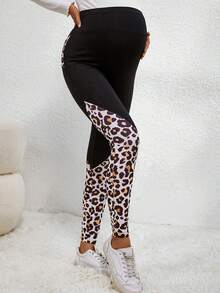 SHEIN Maternity Contrast Leopard Print Leggings With Phone Pocket - Black - View 3