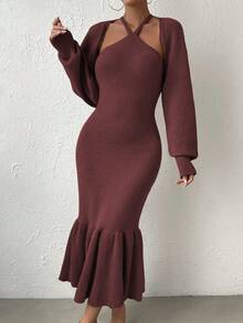 Chiquease Mermaid Style Hem Halter Neck Sweater Dress And Cardigan - Burgundy - View 5