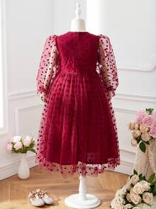 十幾歲女孩短款綢緞天鵝絨圓領網紗裙,純色款式 - 酒紅色 - 查看 2