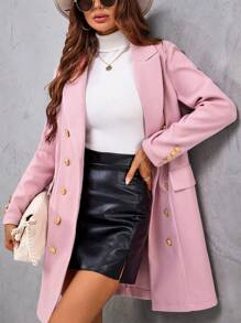 SHEIN Clasi 雙排釦翻蓋細節花呢外套 - 粉色 - 查看 5