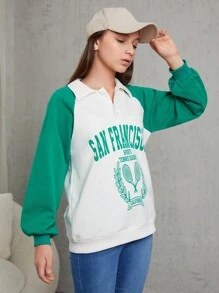 RueChic Teen Girl Letter Graphic Raglan Sleeve Two Tone Sweatshirt - Multicolor - View 4