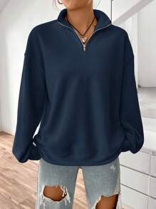 Women's Casual Raglan Sleeve Half Zip Sweatshirt, Loose Fit Funnel Neck Long Sleeve Navy Blue Pullover Hoodie, Spring/Autumn - Navy Blue - View 4