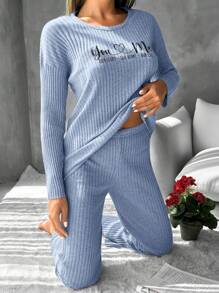 EURMUSE Women's Letter Print Ribbed Knit Lounge Wear Set - Dusty Blue - View 5