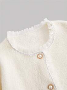 SHEIN MOD Women'S Long Sleeve Cardigan Contrasting Collar And Frilled Hem - White - View 3