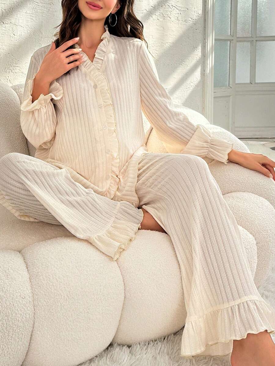 SHEIN Maternity Ruffle Trim Flounce Sleeve Sleep Top & Adjustable Waist Sleep Pants For Mother, Pajama Set - Beige - View 1