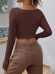 SHEIN EZwear Camiseta corta con nudo delantero en estilo retro color marrón - Marrón - Ver 2