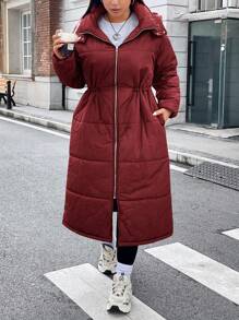 Flirla Plus Drawstring Waist Hooded Padded Padded Coat Clothes Winter - Burgundy - View 1