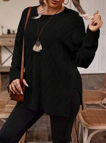 SHEIN LUNE Plus Solid Drop Shoulder Split Hem Sweater, For Winter Knit Pullover Fall Sweater - Black - View 5