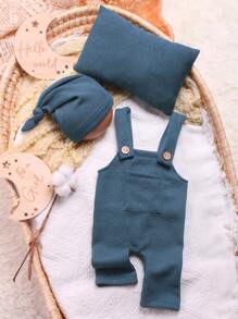 Baby Boy Solid Jumpsuit & Hat & Pillow Photography Set - Blue - View 2