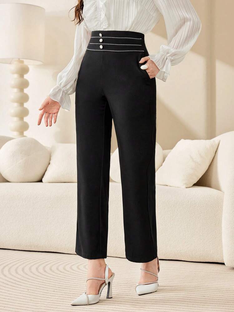Women's High Waisted Wide Leg Pants With Button Detail