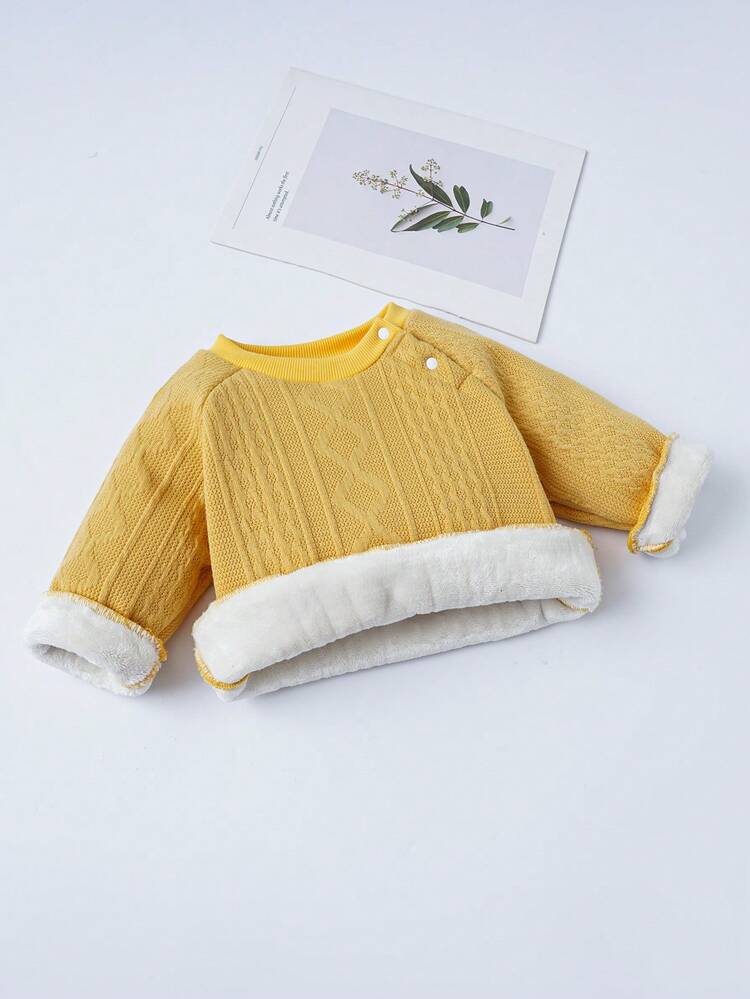 Baby Girls' Thick Warm Fleece Round Neck Long Sleeve Sweatshirt, Comfortable To Wear At Home, For Daily Wear And Winter