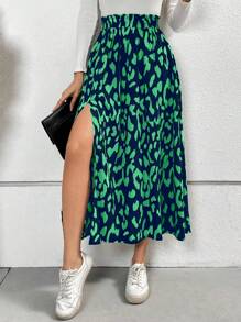 SHEIN Frenchy Váy xẻ cao họa tiết da báo cho nữ, váy dài, váy nữ, trang phục công sở thường ngày cho nữ, cổ điển, phụ nữ thanh lịch, phụ nữ thanh lịch, váy quần áo mùa thu cho nữ, trang phục dự tiệc trang phục giáng sinh trang phục hẹn hò trang phục dự tiệc trang phục halloween - màu xanh lá - Xem 1