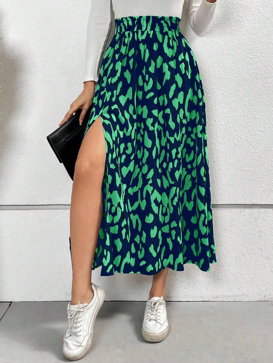 SHEIN Frenchy Váy xẻ cao họa tiết da báo cho nữ, váy dài, váy nữ, trang phục công sở thường ngày cho nữ, cổ điển, phụ nữ thanh lịch, phụ nữ thanh lịch, váy quần áo mùa thu cho nữ, trang phục dự tiệc trang phục giáng sinh trang phục hẹn hò trang phục dự tiệc trang phục halloween - màu xanh lá - Xem 1
