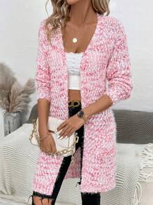 SHEIN LUNE Marled Knit Drop Shoulder Duster Cardigan - Red - View 3