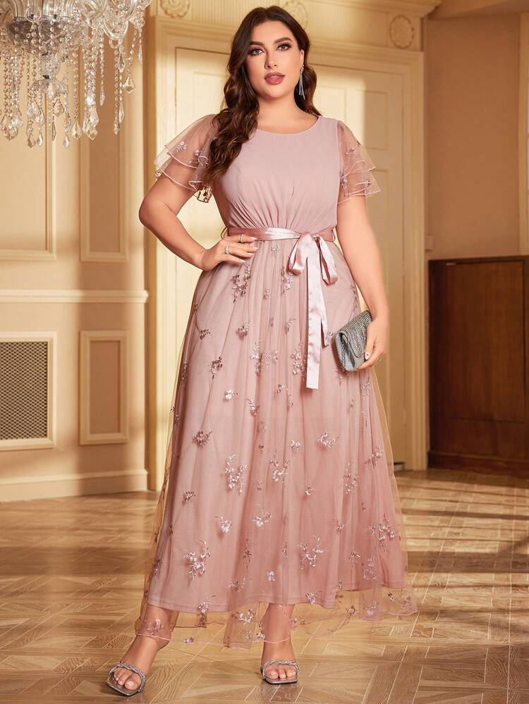 Plus Floral Embroidery Mesh Overlay Belted Dress | SHEIN USA