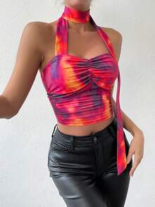 Allurite 紮染褶邊不對稱領短款上衣 - 彩色 - 查看 4