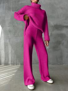 EURMUSE Damski Jednolity kolor Zabudowany pod szyją Długi Rękaw Swetry I Trykotowy Spodnie z szerokimi nogawkami Stroje dwuczęściowe Komplety Biżuterii