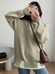 Alicedudu 秋冬休闲简约圆领套头衫，二合一设计 - 卡其色 - 查看 4