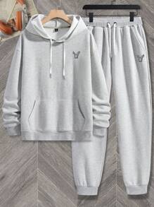 Manfinity Hypemode 2pcs Men Loose Hooded Drop Shoulder Sleeve Sweatshirt And Pants Set - Grey - View 8