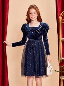 SHEIN 少女方領鑲珠網眼下擺拼接裙 - 藏蓝色 - 查看 1