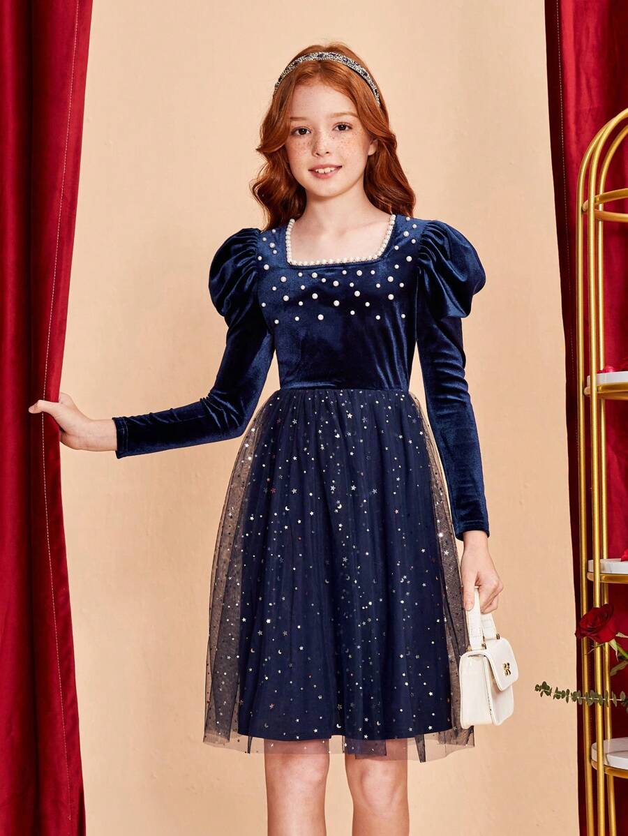 SHEIN 少女方領鑲珠網眼下擺拼接裙 - 藏蓝色 - 查看 1