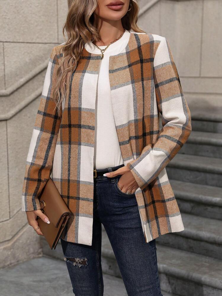 Plaid Open Front Overcoat