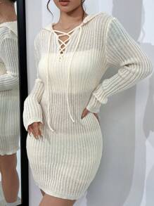 SHEIN Unity Lace Up Front Hooded Sweater Dress Without Tube Top - Apricot - View 1