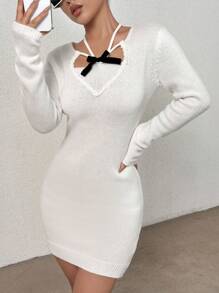 SHEIN Unity Nơ mặt trước Buộc lại Váy len bó sát - trắng - Xem 1