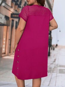 SHEIN Clasi Plus Contrast Lace Button Detail Tee Dress - Red Violet - View 5