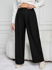 SHEIN Frenchy Plus Solid Slant Pocket Wide Leg Suit Pants - Black - View 3
