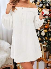 SHEIN Essnce Off Shoulder Lantern Sleeve Teddy Dress - White - View 1