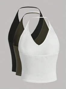 SHEIN 少女針織純色羅紋掛脖上衣 3 件套 - 彩色 - 查看 2