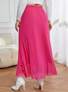SHEIN Privé 大尺寸純色蕾絲下擺半身裙 - 粉色 - 查看 2