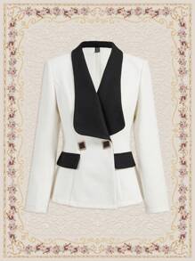 SHEIN DECDS 拼接領前紐扣西裝外套 - 黑色 - 查看 3