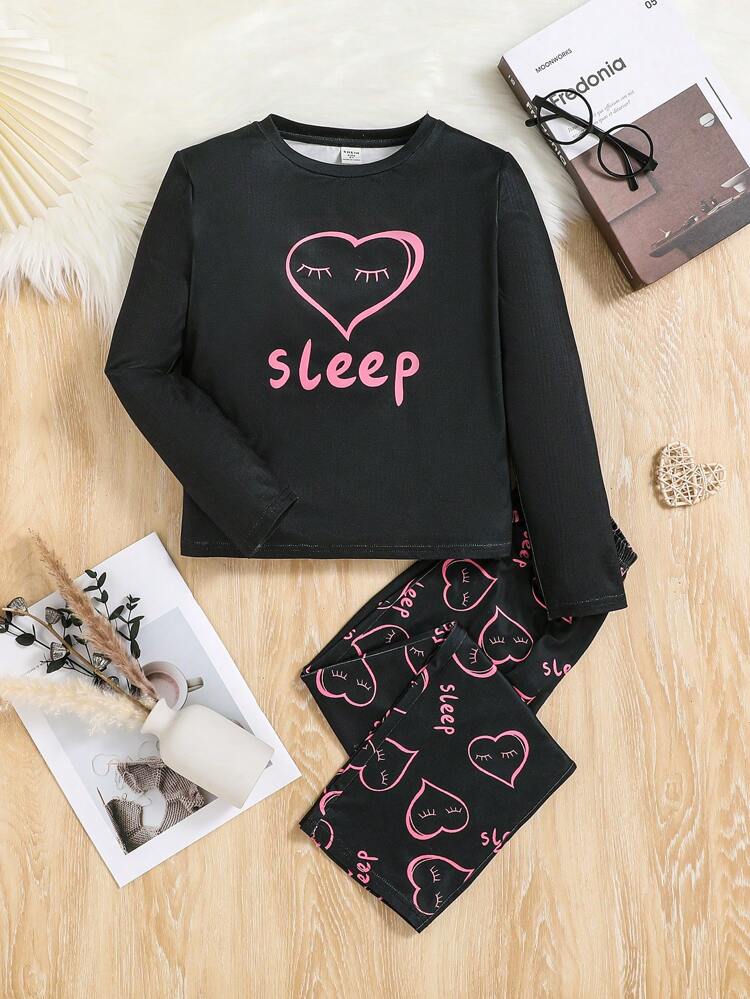 Heart & Letter Patterned Homewear Set, For Tween Girls