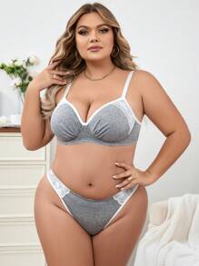蕾絲有鋼圈大尺碼內衣套裝 - 灰色 - 查看 4