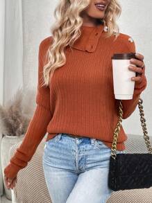 SHEIN LUNE Sweter z asymetrycznym dekoltem i guzikami, z obniżonymi ramionami, na jesień i zimę - Rdzawy brązowy - Zobacz 4