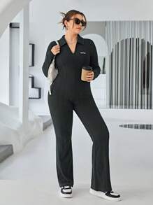 SHEIN Essnce Hơn Chi tiết Patched thư Đồ đan Ribbed Chân bùng Áo liền quần - Màu xám đen - Xem 5