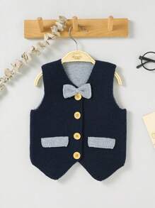 Em bé Con trai Single-breasted Áo vest Với Nơ thắt Và Mở Mặt trước Áo sơ mi - Xanh đậm - Xem 1