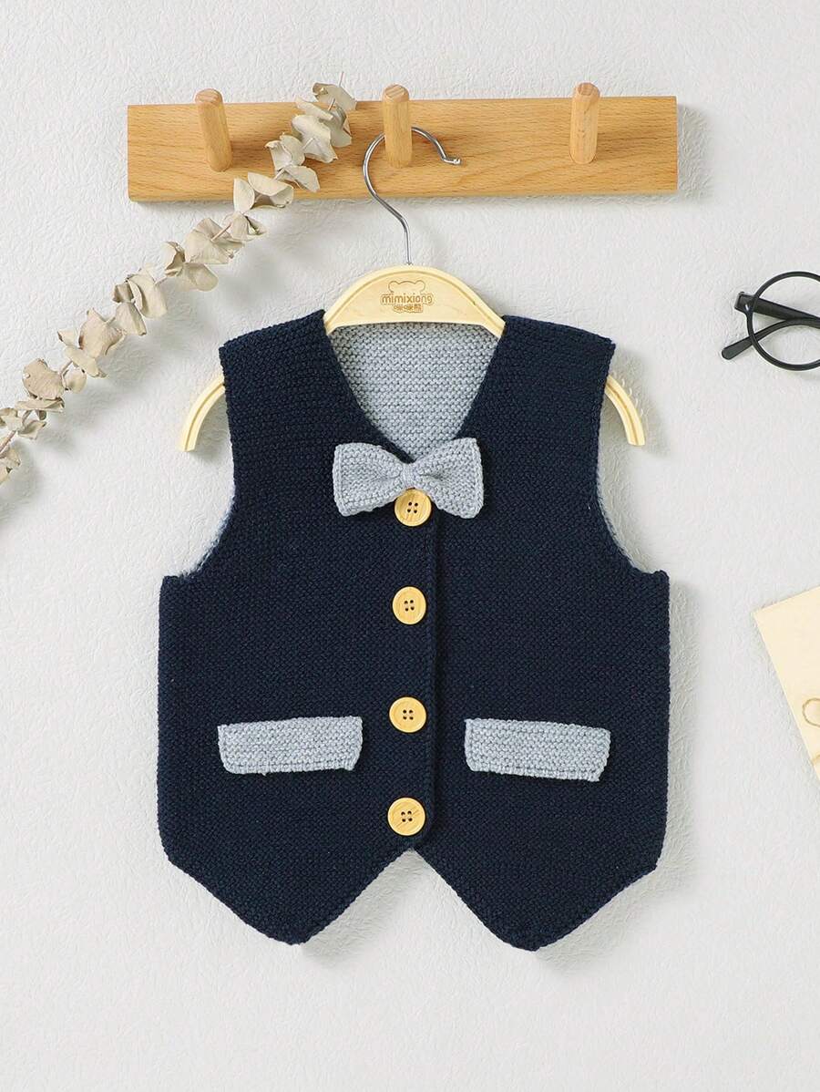 Em bé Con trai Single-breasted Áo vest Với Nơ thắt Và Mở Mặt trước Áo sơ mi - Xanh đậm - Xem 1