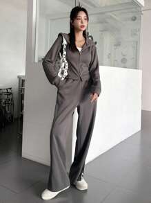 DAZY Dây kéo Dây rút Hoodie & Viền chia cắt Quần - Màu xám đen - Xem 4