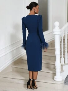Zolique Cổ Trái tim 	
Fuzzy Cổ tay áo Tách đùi Đầm - Màu xanh ngọc - Xem 2