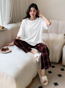 DAZY Solid Drop Shoulder White Tee & Plaid Pants Lounge Set Pajama