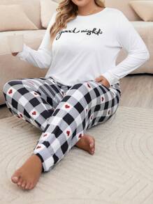 Plus Letter Graphic Tee & Heart Print Pants PJ Set - White - View 6