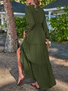 SHEIN LUNE Sólido Bainha Com Babado Vestido Linha A - Verde Militar - Visão 2