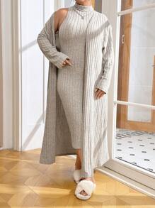 SHEIN Essnce Vestido De Punto Acanalado De Cuello Alto Para Mujer De Talla Grande Y Abrigo Abierto En La Parte Delantera - Albaricoque - Ver 1