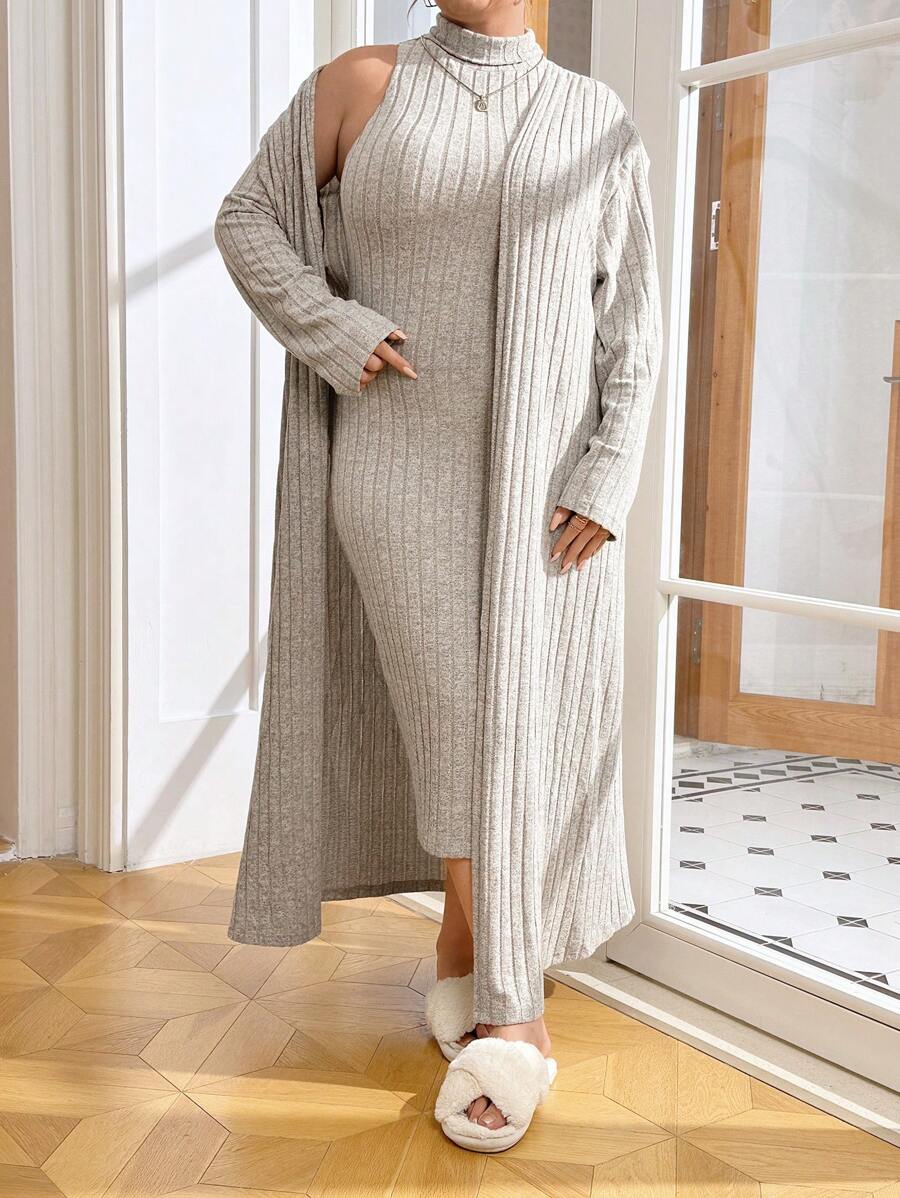 SHEIN Essnce Vestido De Punto Acanalado De Cuello Alto Para Mujer De Talla Grande Y Abrigo Abierto En La Parte Delantera - Albaricoque - Ver 1