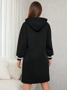 RueChic Teen Girl Letter Pattern Kangaroo Pocket Drop Shoulder Split Hem Hoodie Dress - Black - View 2